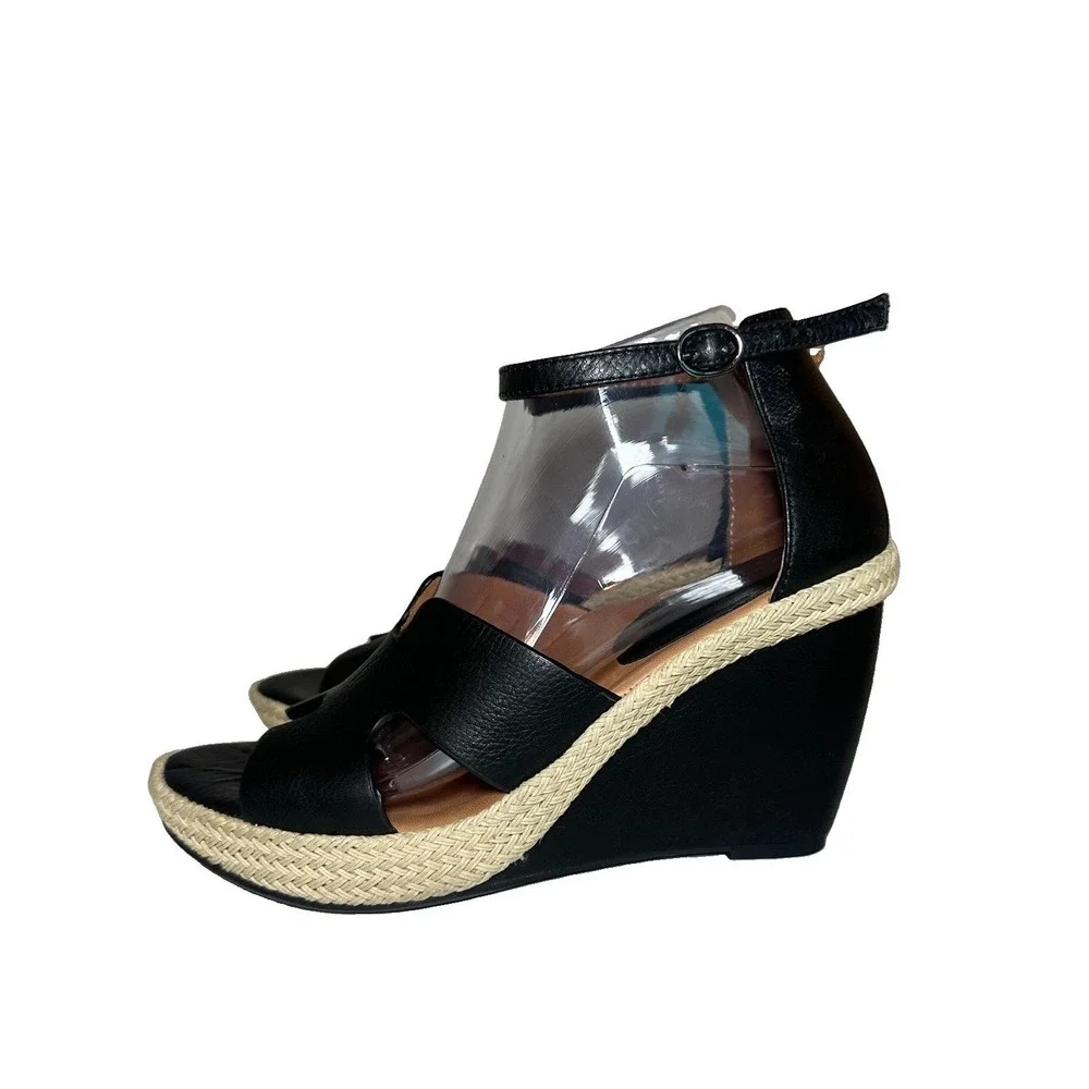 L'Amour Des Pieds Women's 9M Black Leather Wedge Espadrille Heeled Sandals